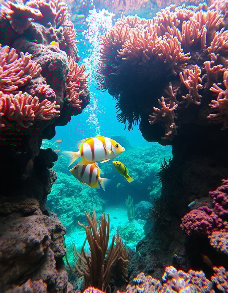 Three fish between two rocks in the water