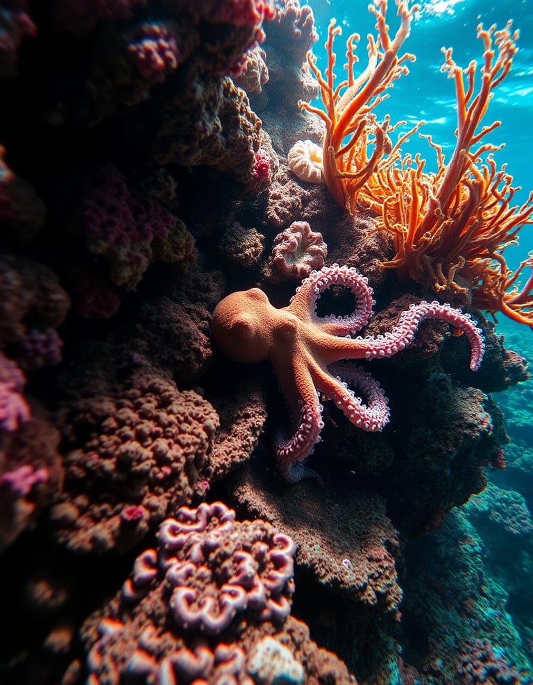 A octopus sitting under water on a rock