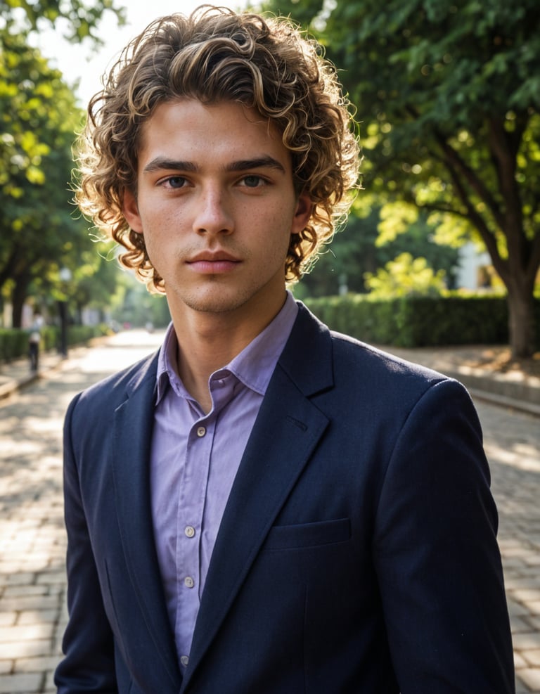 A man in a blue coat with blond curly hair