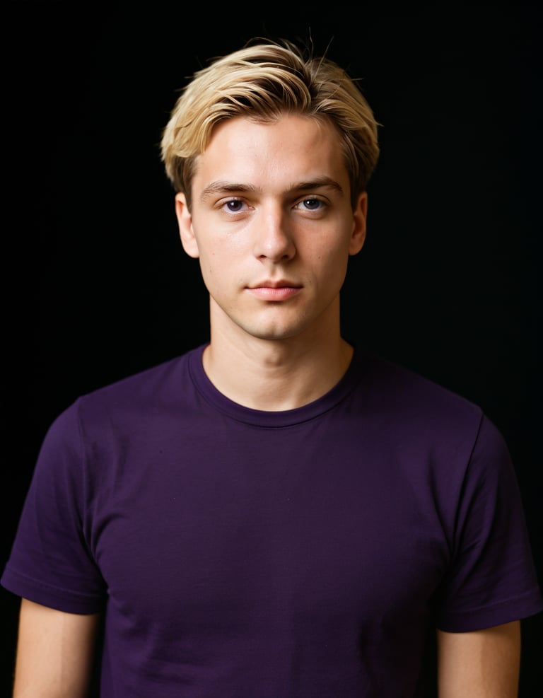 A man standing looking at camera wearing a blue t-shirt
