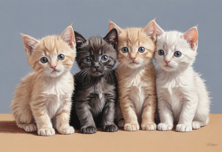 A color pencil drawing of four kittens standing in a row.