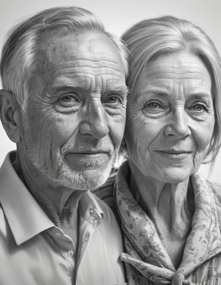 A pencil drawing of an elderly couple