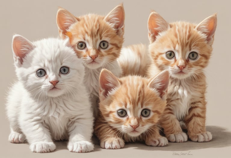 A colored drawing of four kittens bunched together.