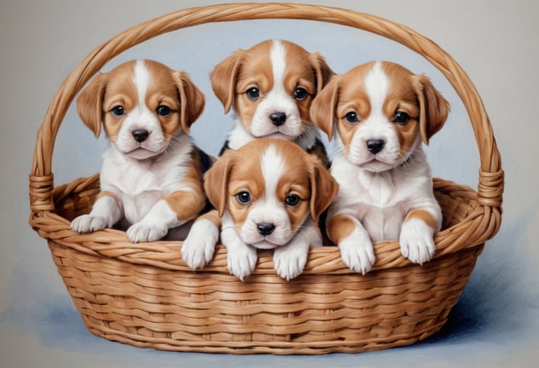 A colored pencil drawing of four puppies in a basket.