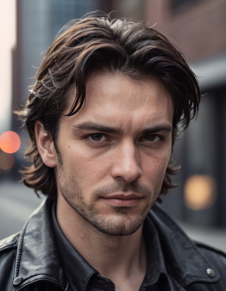 A man wearing a black leather jacket in the street.