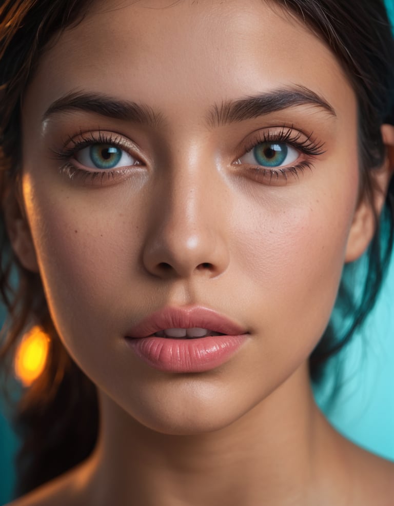 A woman's face with blue eyes and pink lips.,