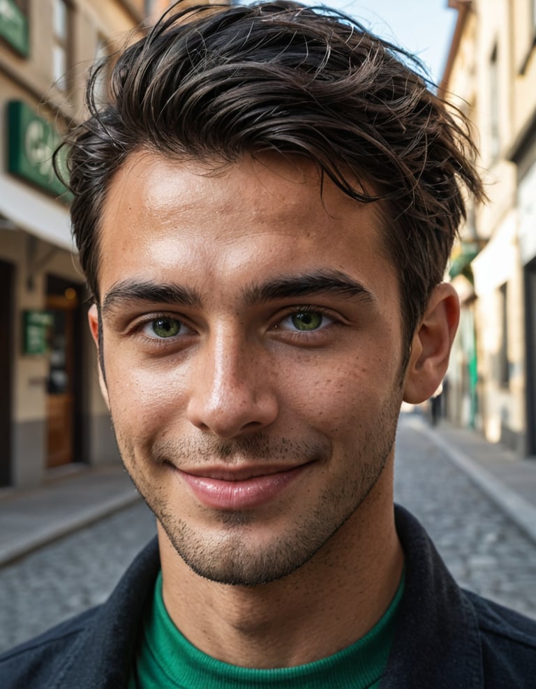 A man with black hair smiling and standing in the street.