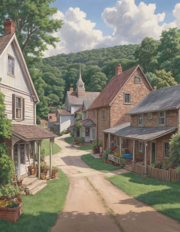 A drawing of a country lane and houses