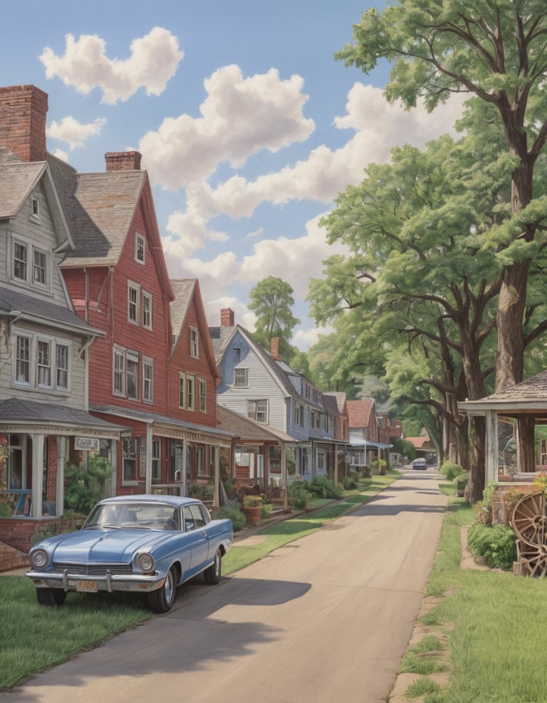 A drawing of a road and a row of houses