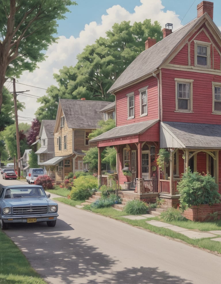 A drawing of a country street and row of houses