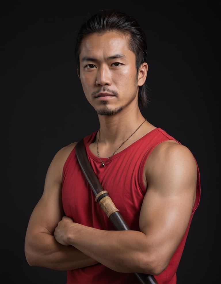 A Japanese man with a sword and wearing red t-shirt