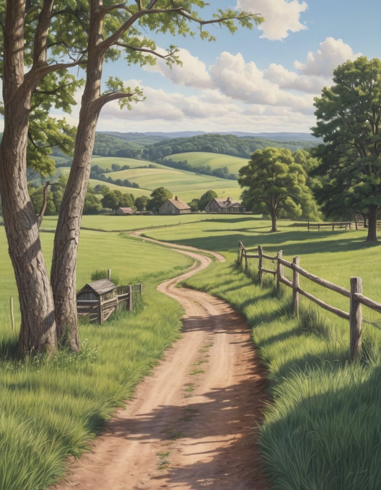 A pencil drawing of a country road and fields