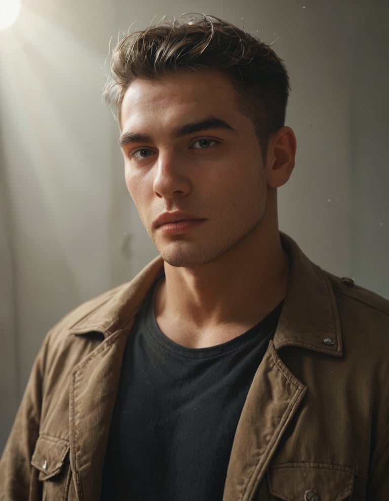 A muscular man wearing a brown jacket.