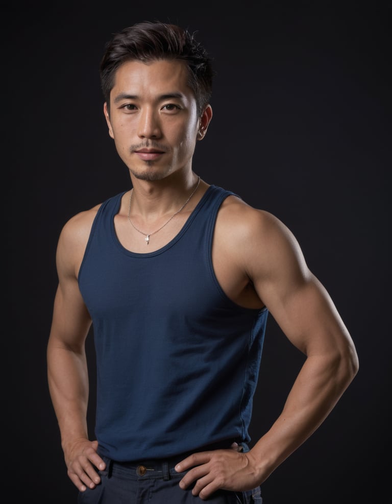 A Japanese man in a blue t-shirt