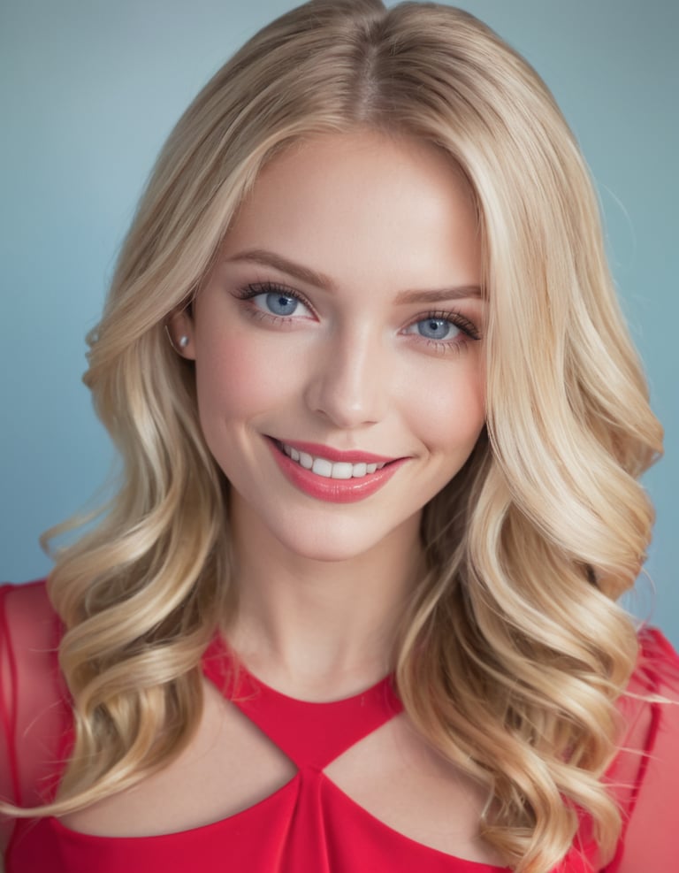 A woman in a red dress smiling