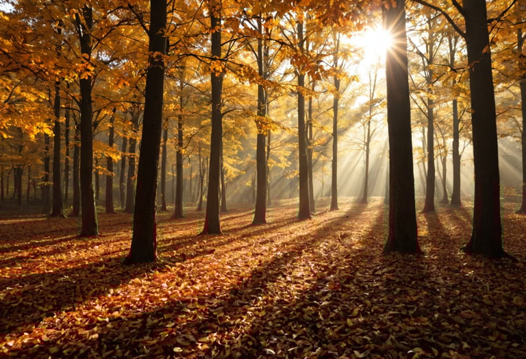 An Autumn scene with yellow and orange colored leaves on the ground and on the trees.