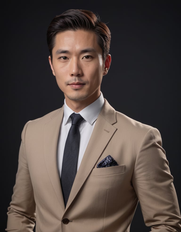 A Japanese man in a beige suit