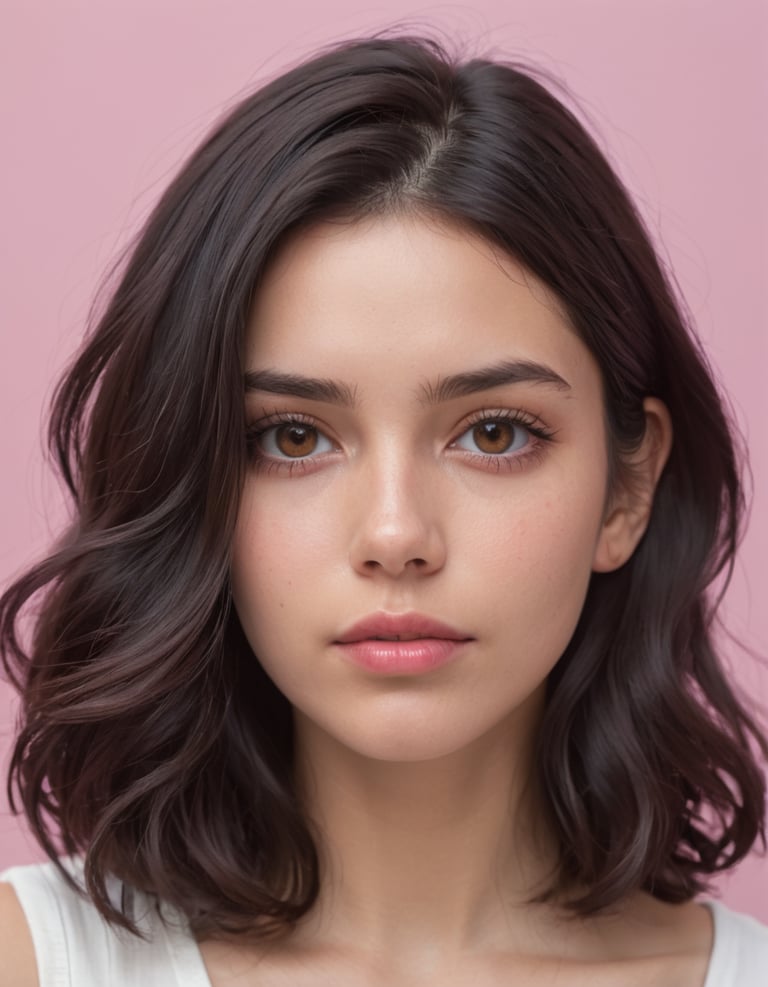 A woman with long wavy black hair and brown eyes.