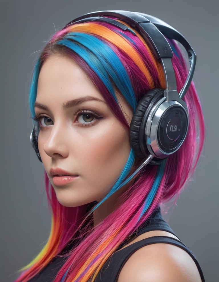 A woman with multi colored hair wearing headphones