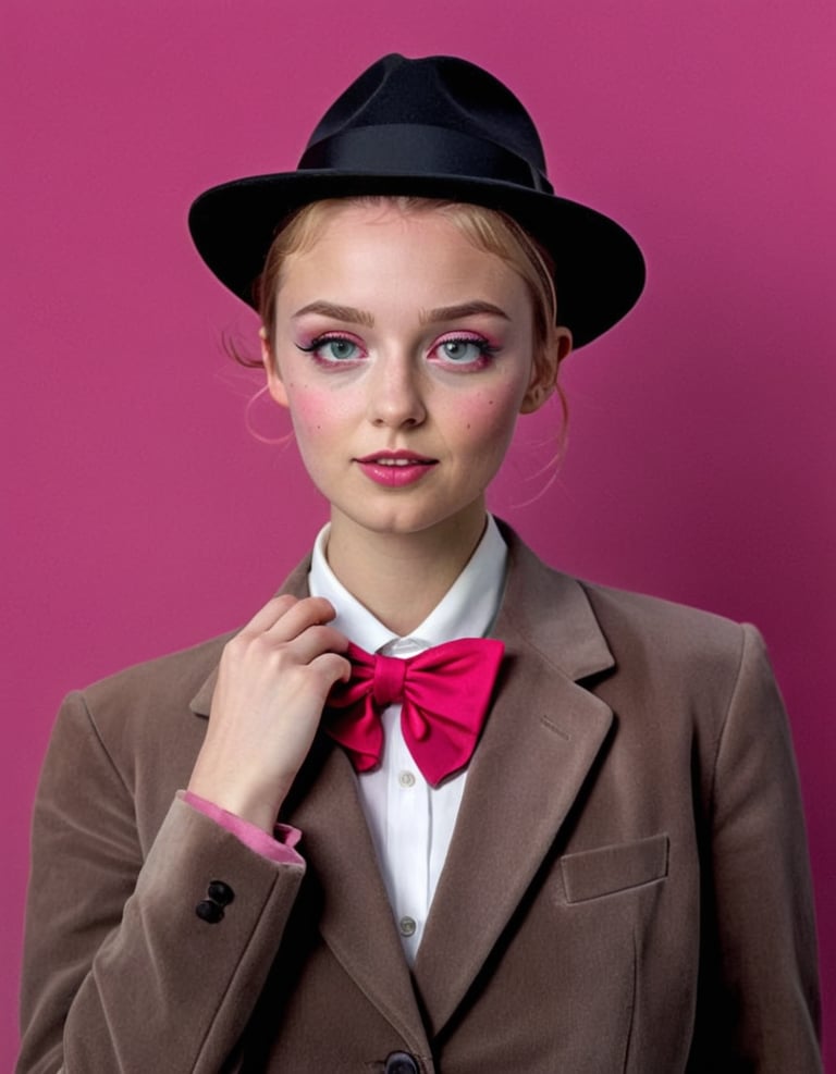 A woman dressed in a brown coat and black hat with a red bowtie.