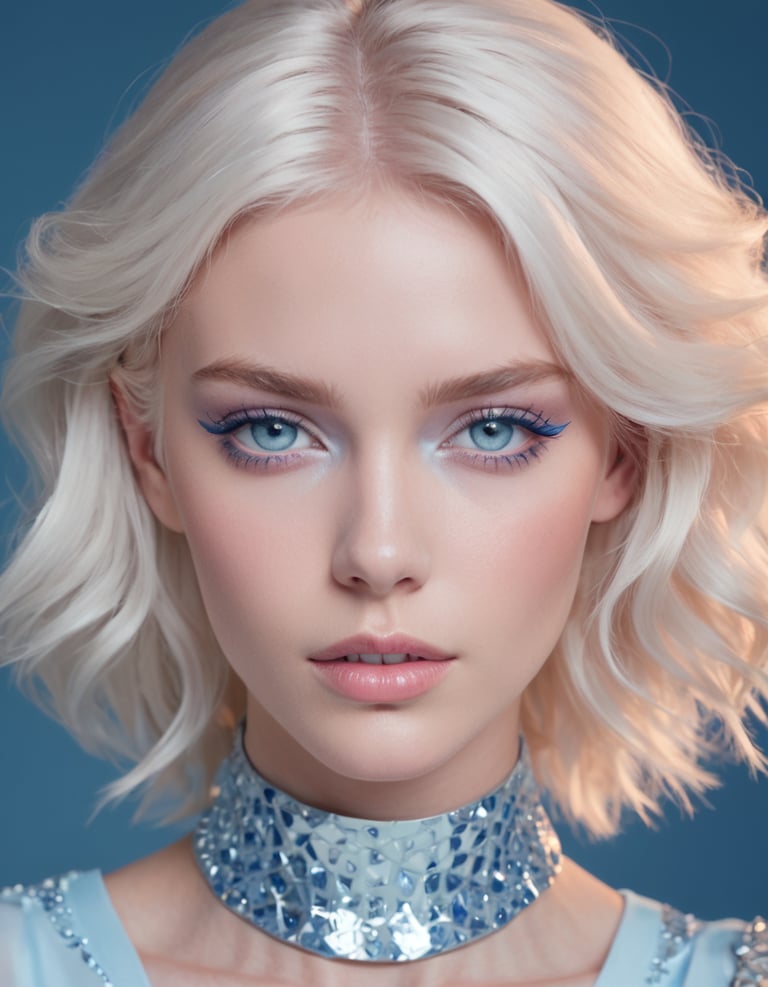 A young woman with platinum blond hair and ice blue eyes.