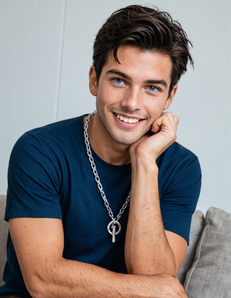 A man with black hair, blue eyes and silver chain sitting on a sofa.