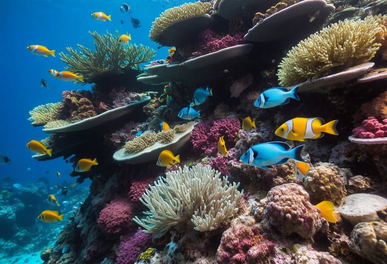 A coral reef cliff under the ocean with blue and yellow fish.