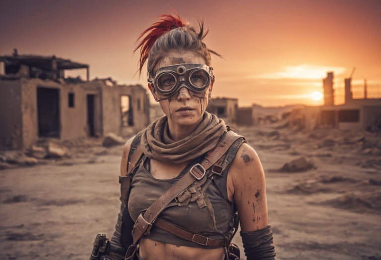 A woman wearing brown overalls, goggles and a scarf in a city ruin.