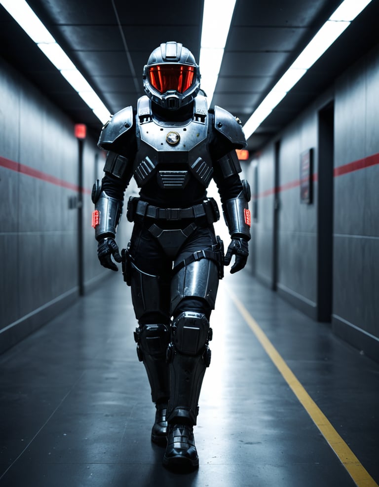 A futuristic robot walking down a hallway