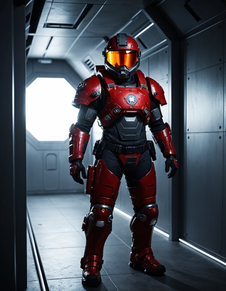 A futuristic red robot standing in a hallway