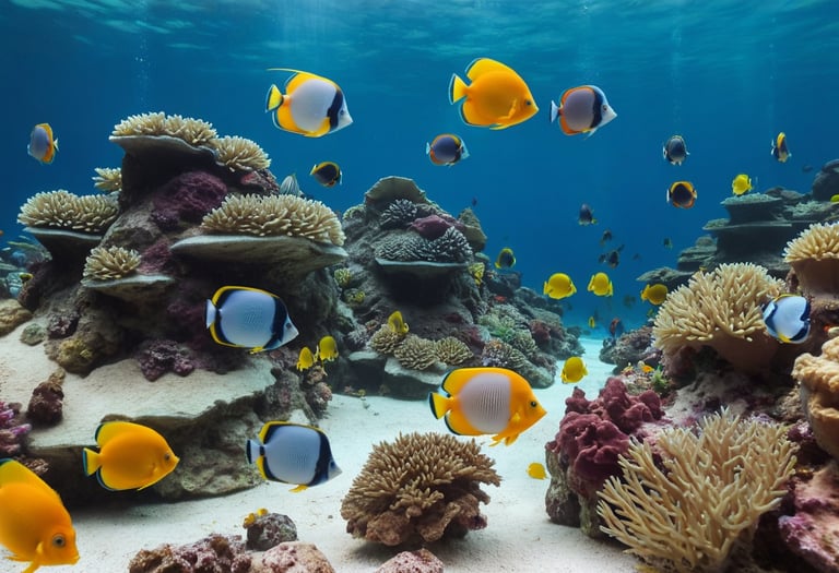A reef under the ocean with yellow and blue fish.