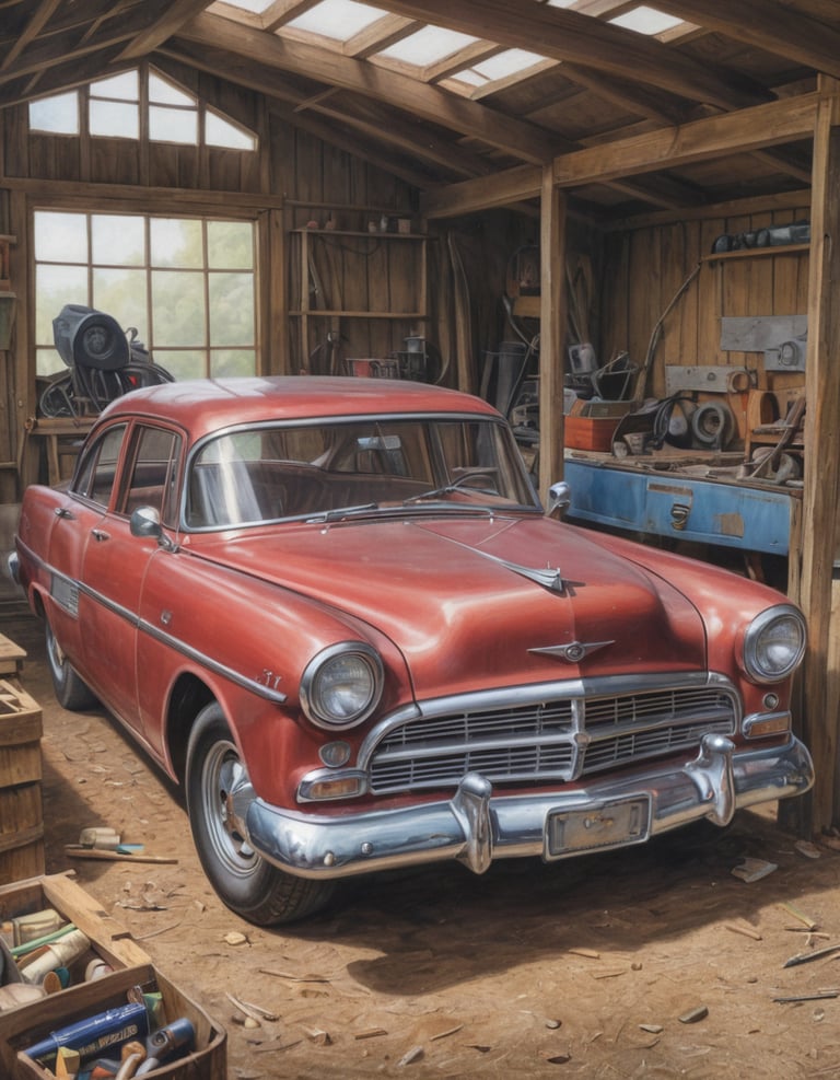 A red vintage car inside a shed