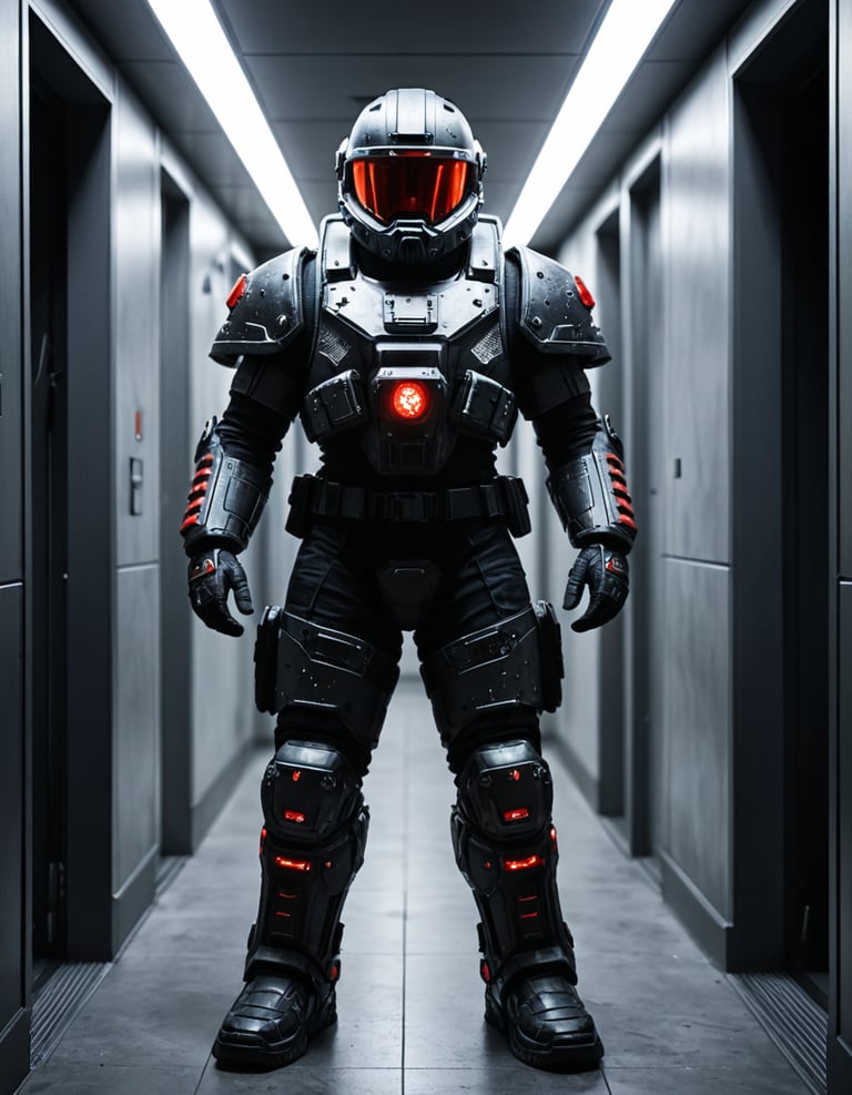 A futuristic robot standing in a hallway