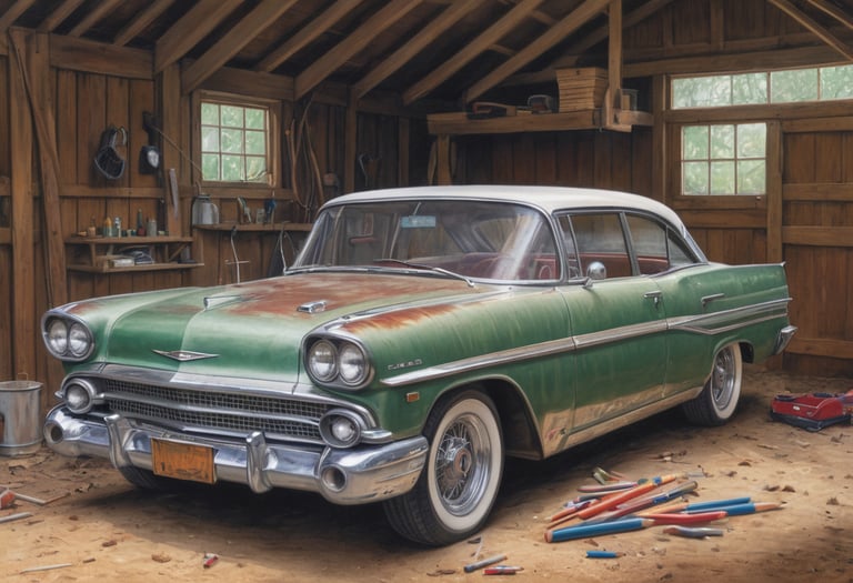 An old car sitting inside a wooden shed