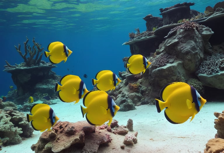 A group of yellow fish swimming inside a reef.