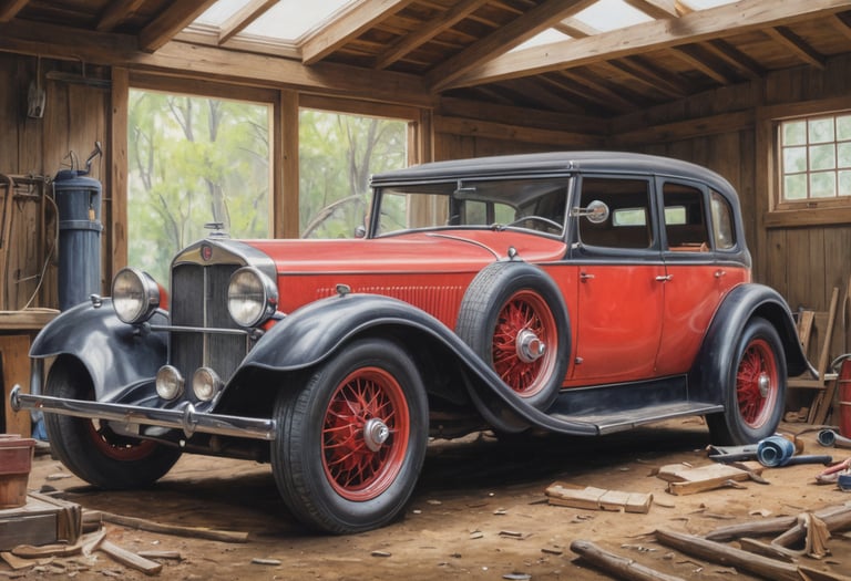 A vintage car inside an old shed