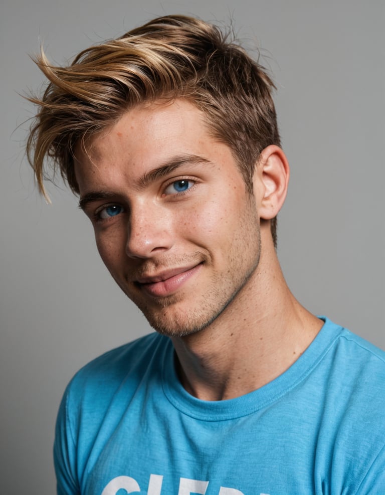 A man with blond hair wearing a blue t-shirt.