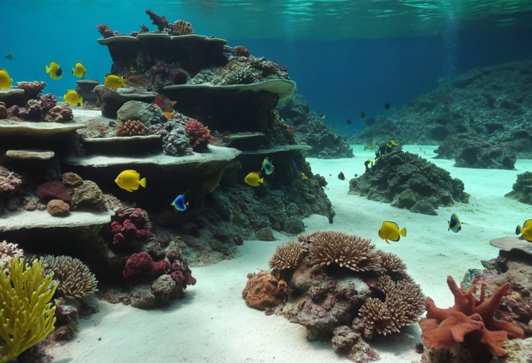 A reef at the bottom of the ocean with coral and fish.