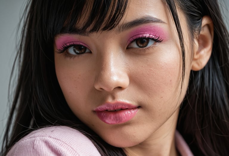 A girls face wearing make-up and with black hair