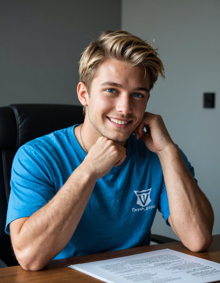 A man wearing a blue t-shirt sitting at a table.