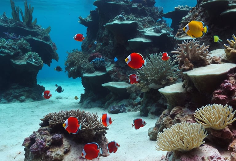A reef with red and yellow fish swimming around coral.