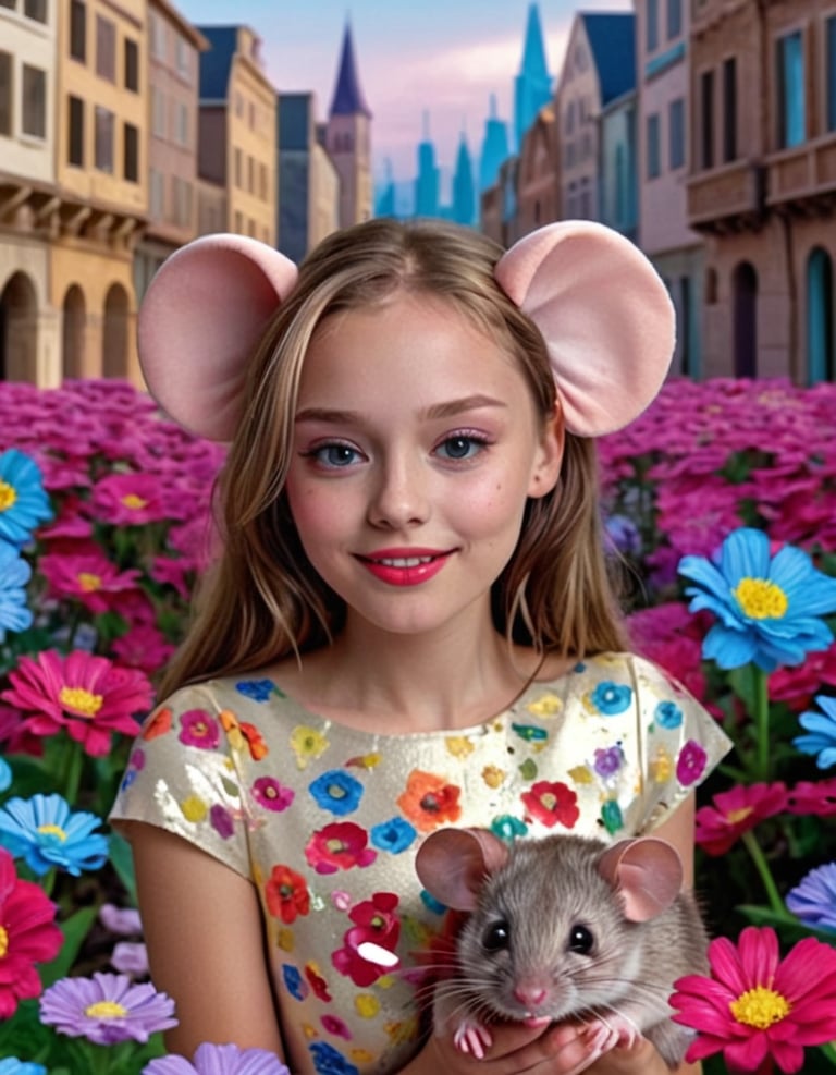 A girl with big mouse ears holding a rat.