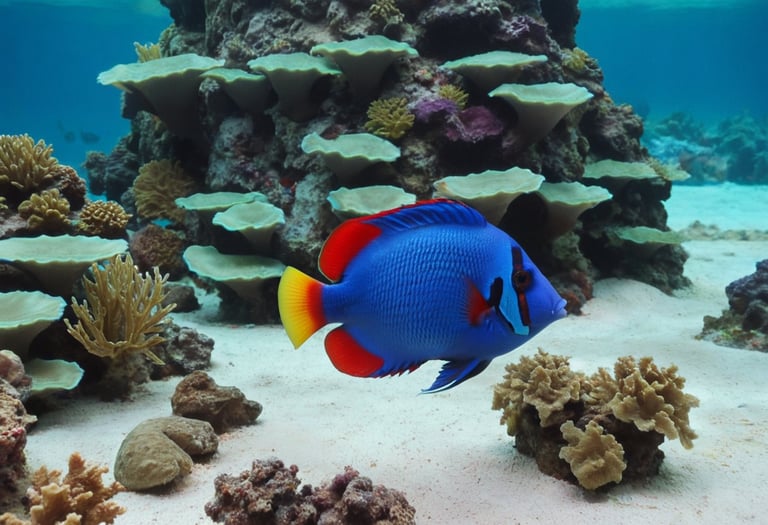 A big blue tropical fish with yellow and red fins.