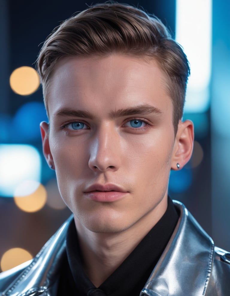 A man with blue eyes wearing a high fashion silver coat.