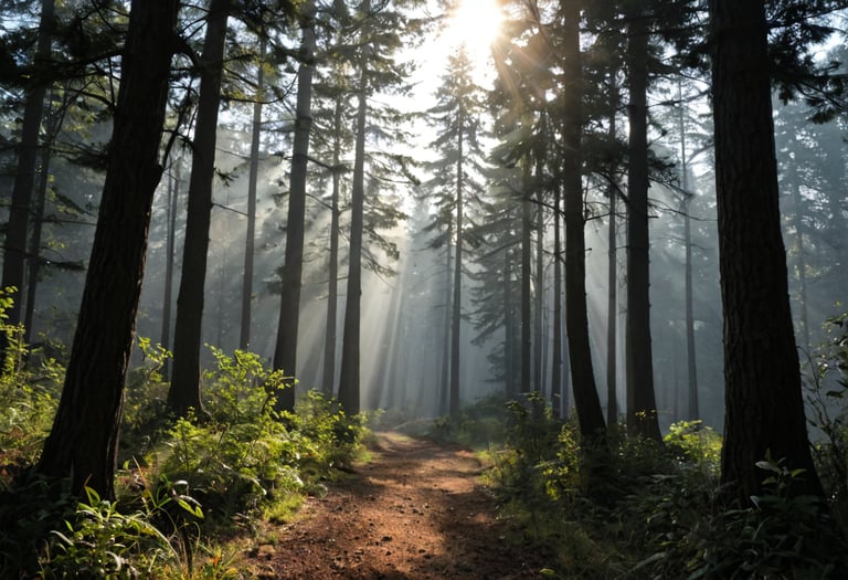 A dirt path through the forest with fog and mist.