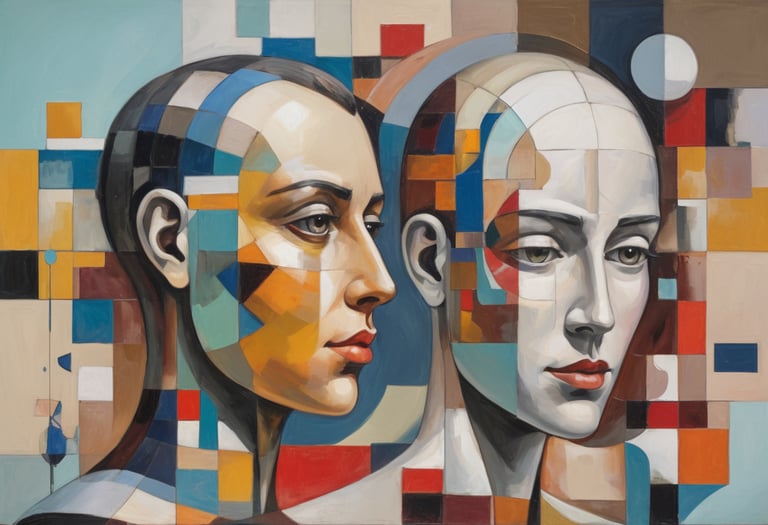 A abstract painting of 2 people covered in geometrical shapes.
