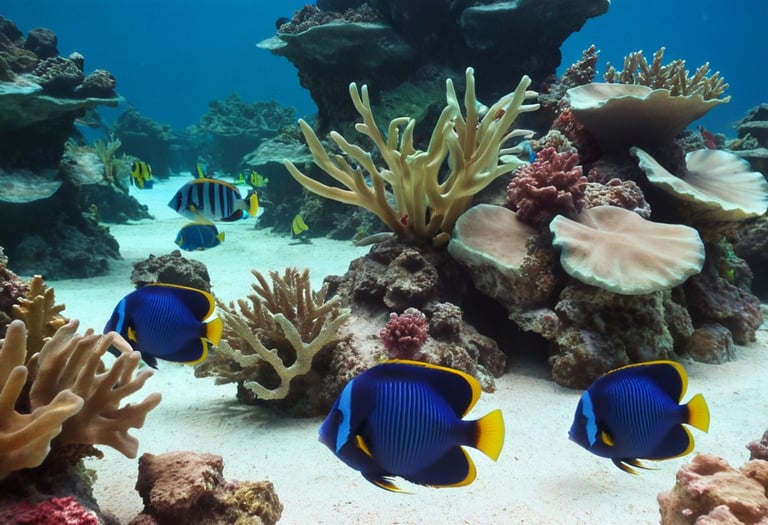 A group of blue fish swimming in a coral reef.