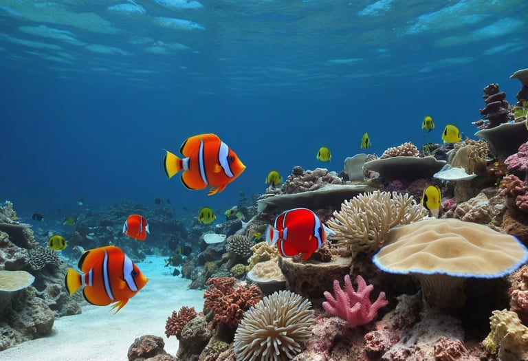 A group of red striped fish and a coral reef.