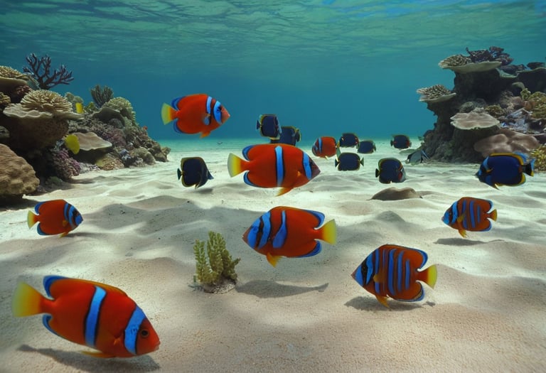 A group of striped tropical fish above the sand in the ocean.
