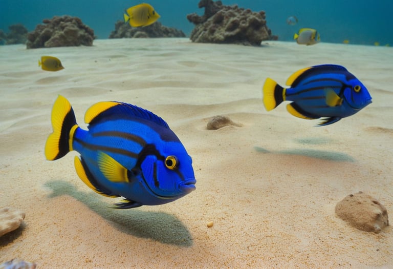 Two blue striped fish resting on the sea sand.
